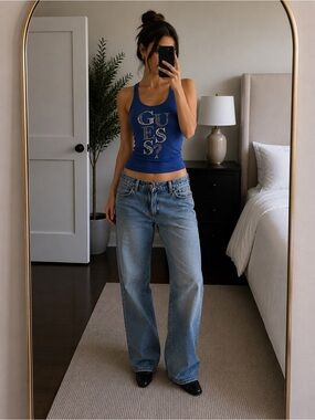 Vintage Y2K Blue Guess Mcbling‎ Lace Racer Back Rhinestone Tank Top Baddie 2000s